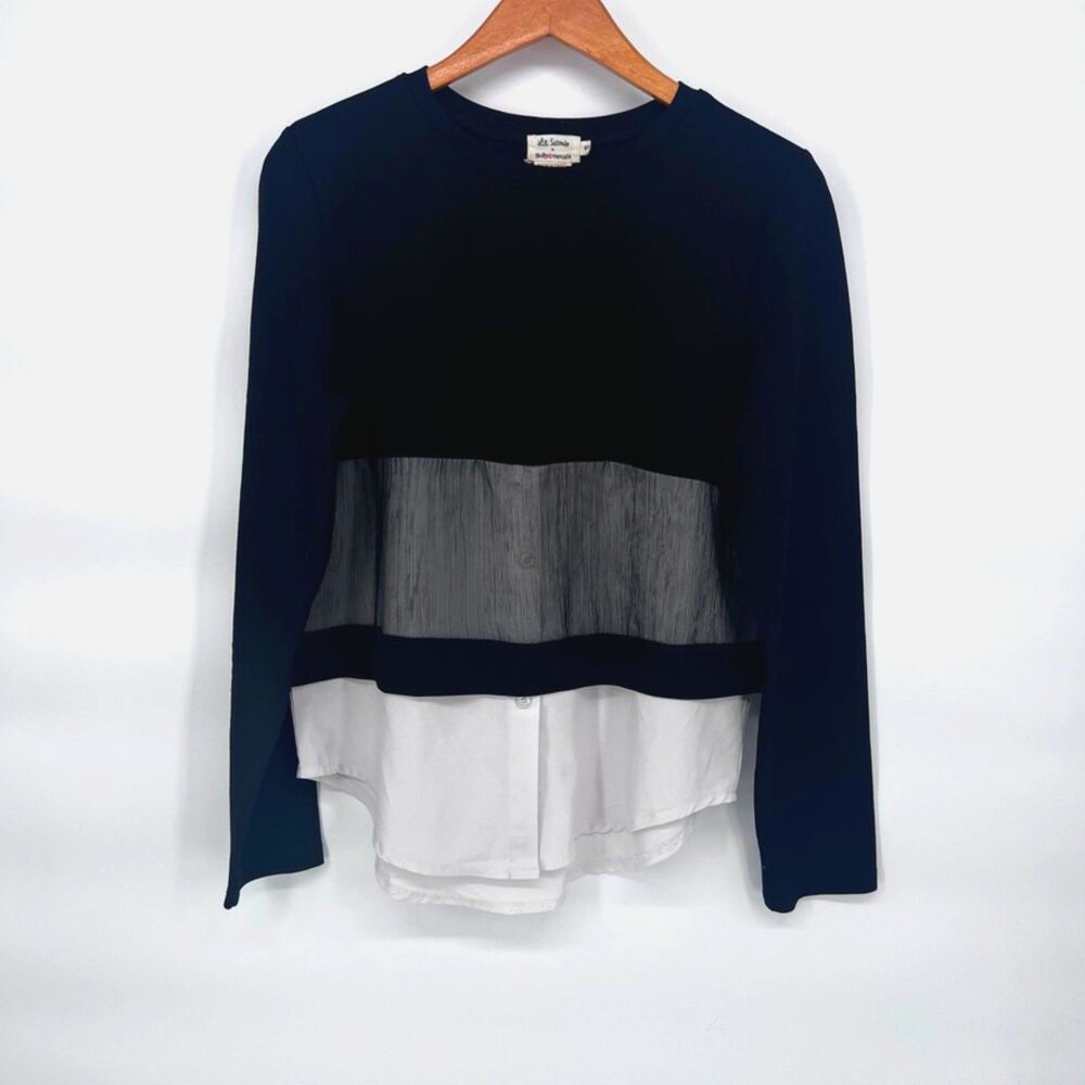 Lili Sidonio Bi Layer Pullover with Oxford‎ Shirt Dressy Preppy MD Black & White